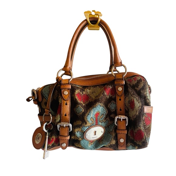 FOSSIL Vintage Maddox Tapestry/Leather Carpet Bag or Satchel Purse - Picture 1 of 10